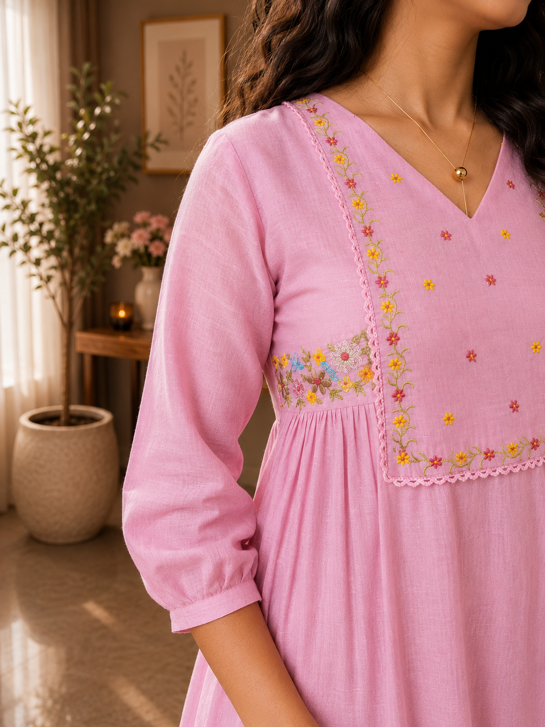 Lavender pink shaded natural linen Aline Kurti/dress with floral thread embroidered yoke and scalloped lace detailings MBS-1292