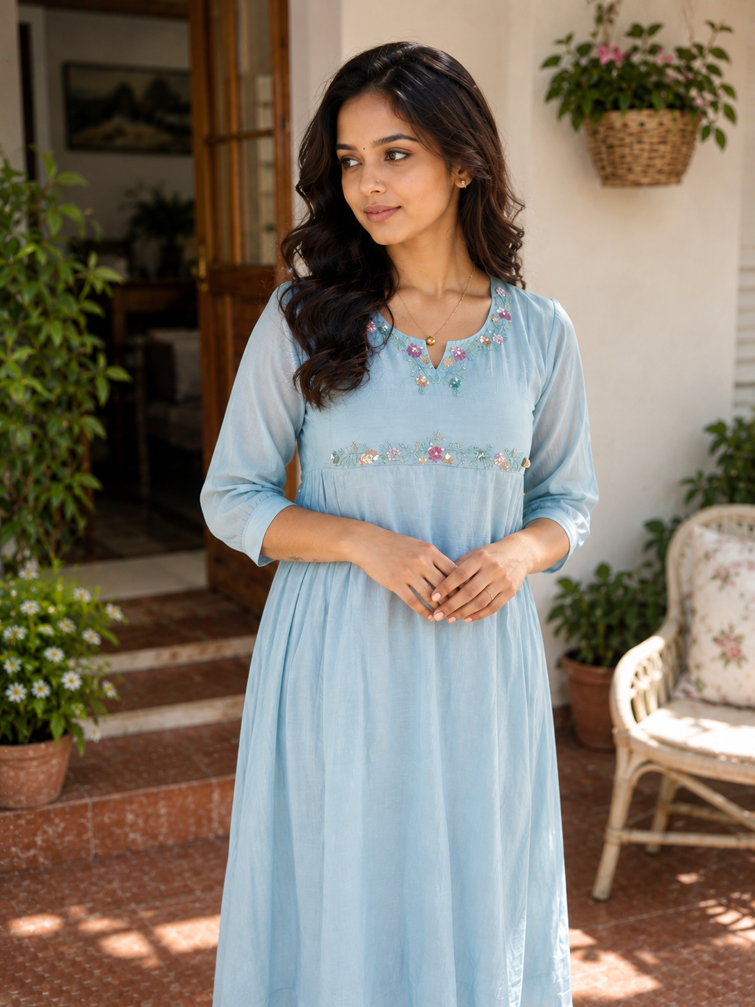 Blue shaded Mul Chanderi Aline kurti with handworked yoke and side gathers MBS-1343 **Ready to dispatch**