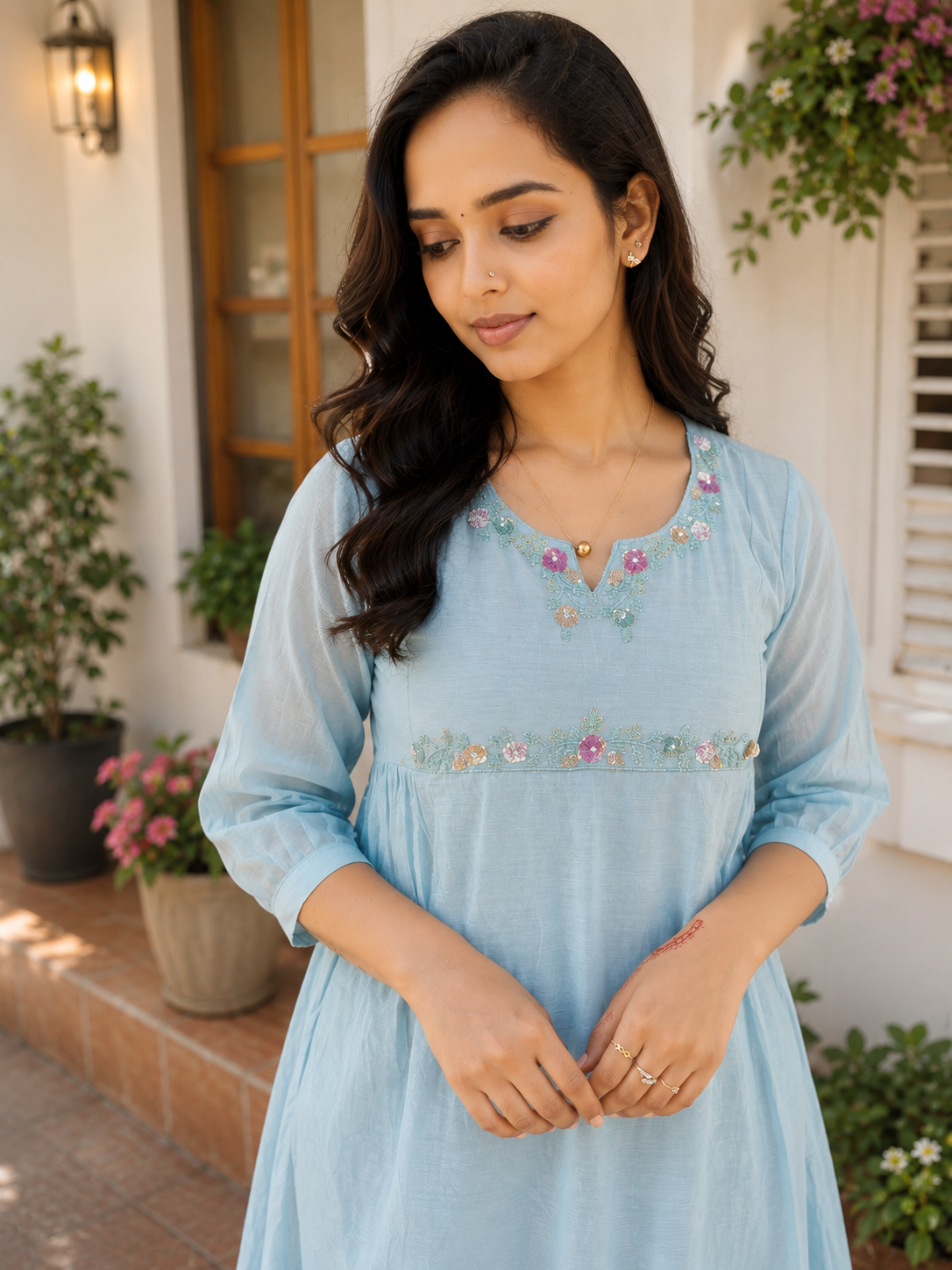 Blue shaded Mul Chanderi Aline kurti with handworked yoke and side gathers MBS-1343 **Ready to dispatch**