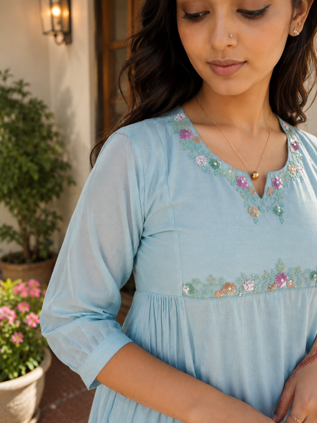 Blue shaded Mul Chanderi Aline kurti with handworked yoke and side gathers MBS-1343 **Ready to dispatch**