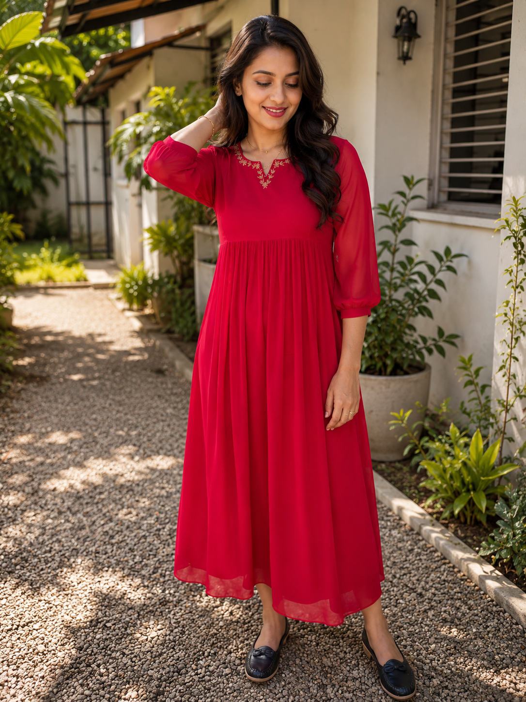 Red blooming georgette Aline kurti with zari thread detailed neckline MBS-1355 **Ready to dispatch**