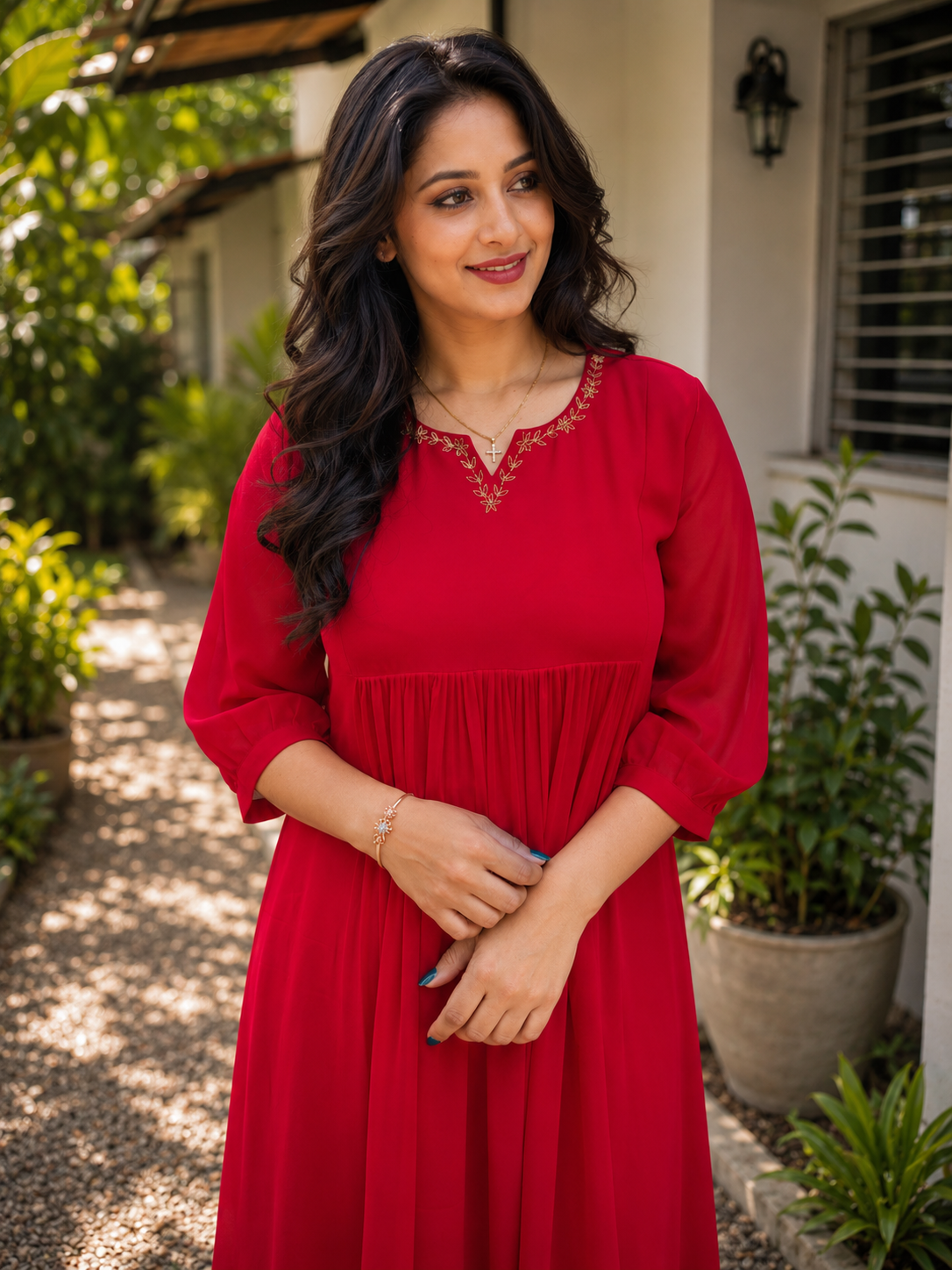 Red blooming georgette Aline kurti with zari thread detailed neckline MBS-1355 **Ready to dispatch**