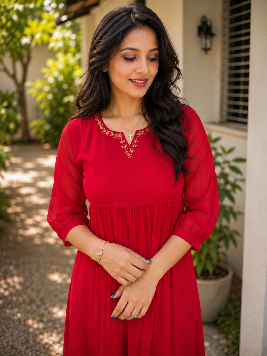 Red blooming georgette Aline kurti with zari thread detailed neckline MBS-1355 **Ready to dispatch**