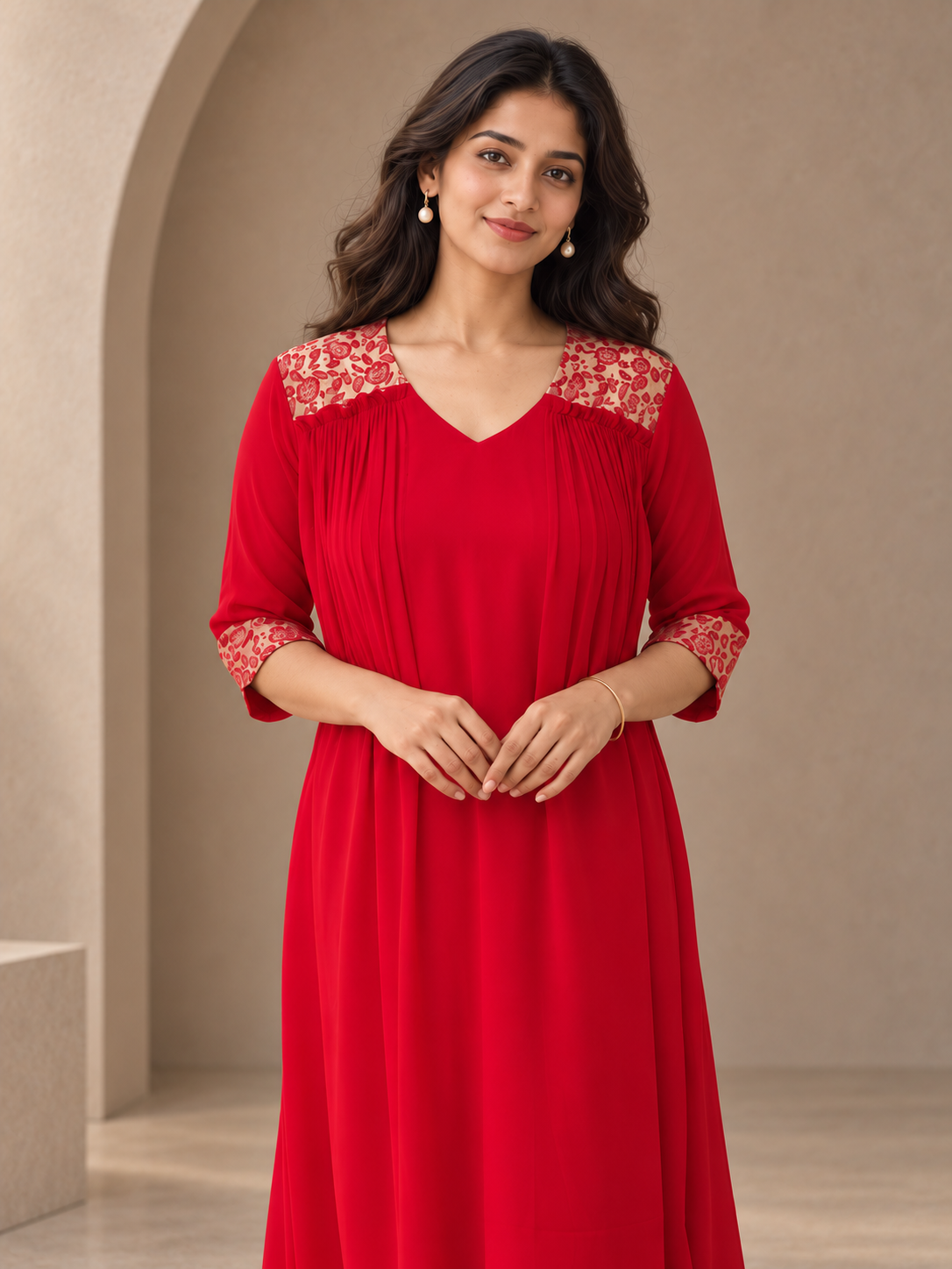 Red blooming georgette Aline kurti with brocade upper yoke MBS-1420 **Ready to dispatch**