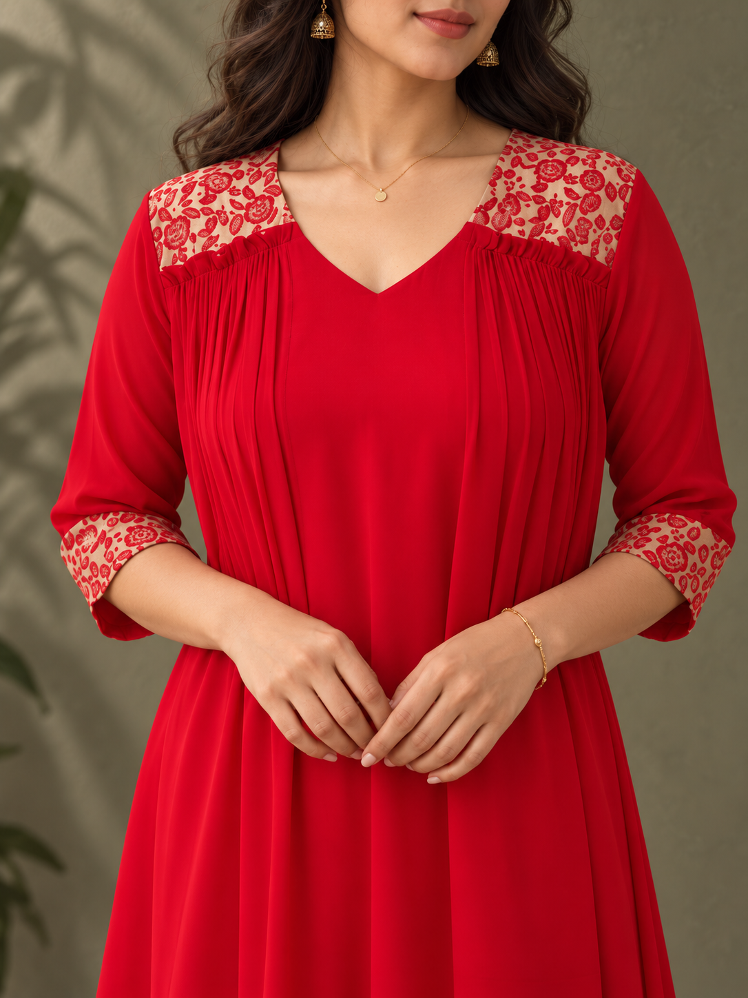 Red blooming georgette Aline kurti with brocade upper yoke MBS-1420 **Ready to dispatch**