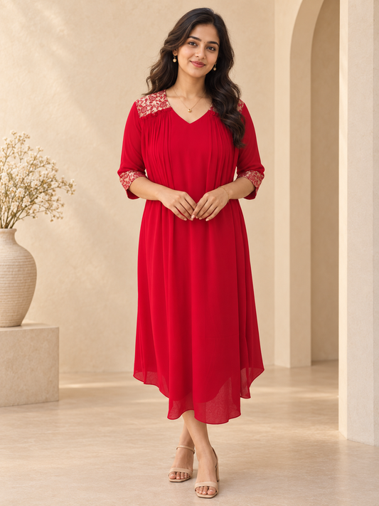 Red blooming georgette Aline kurti with brocade upper yoke MBS-1420 **Ready to dispatch**