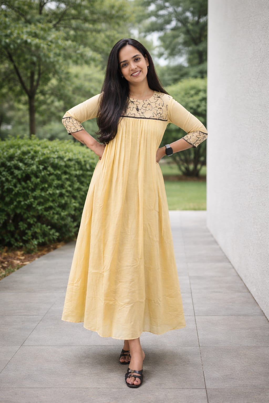 Soft beige shaded viscose mul chanderi A-line kurti with black floral thread embroidered yoke MBS-841 **Onam 26**