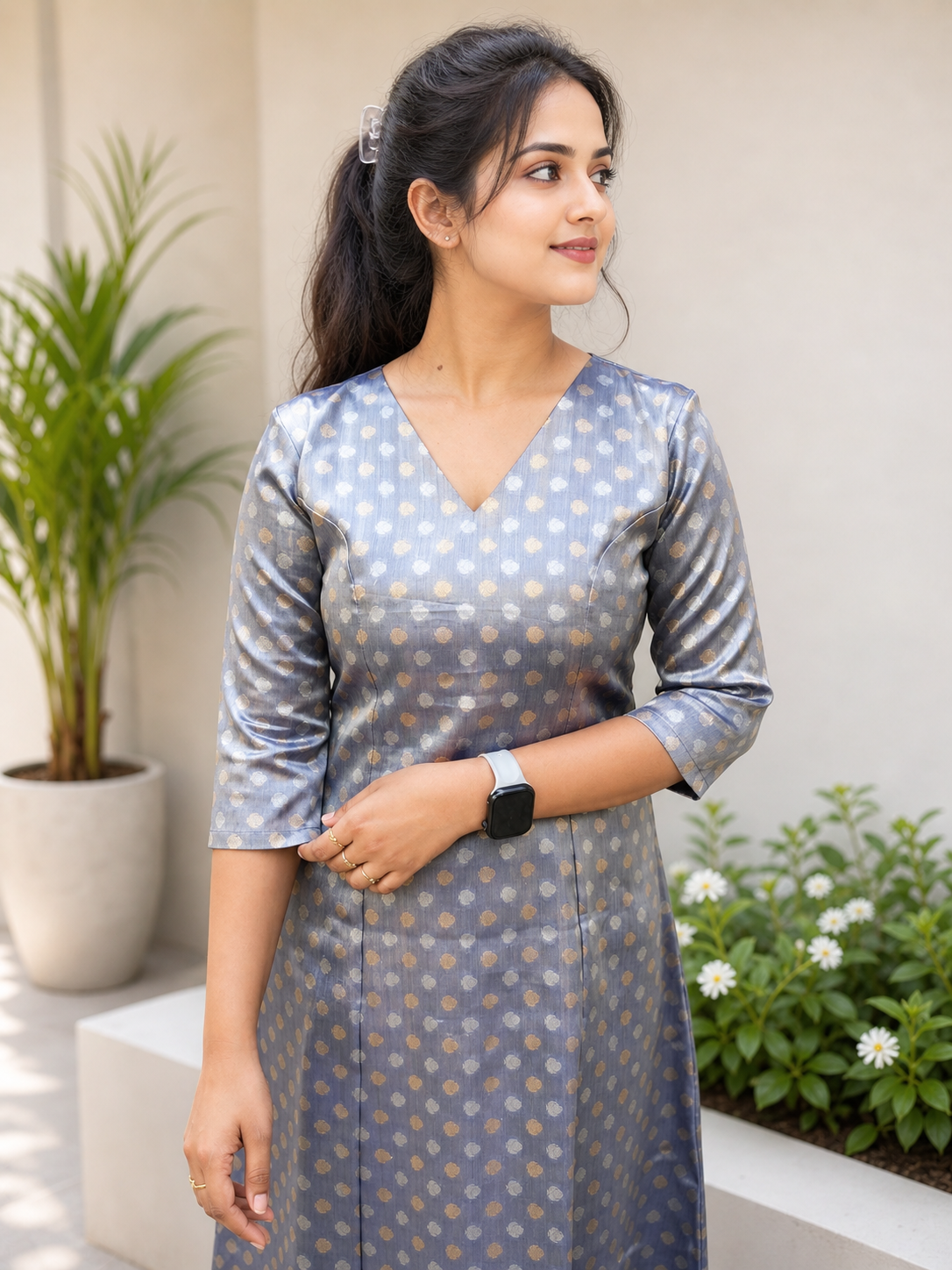 Grey shaded tissue brocade A-line kurti with princess cut panel MBS-1041 **Ready to dispatch**
