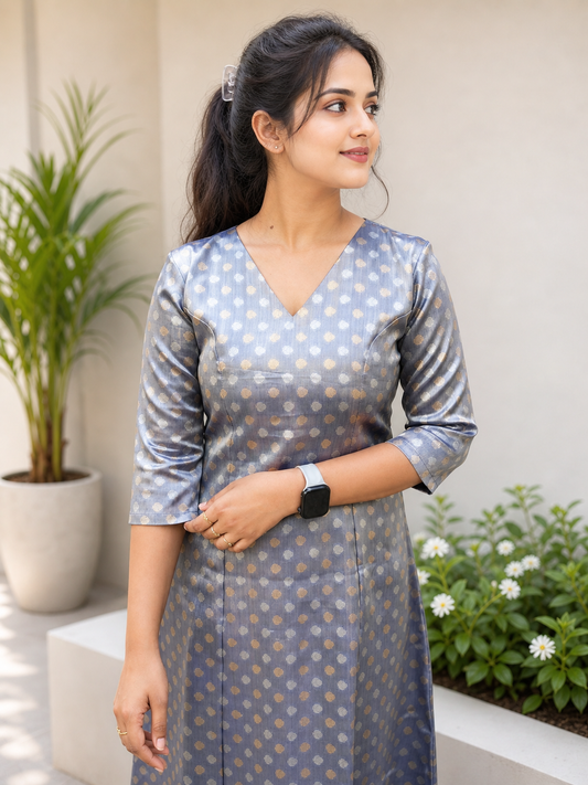Grey shaded tissue brocade A-line kurti with princess cut panel MBS-1041 **Ready to dispatch**