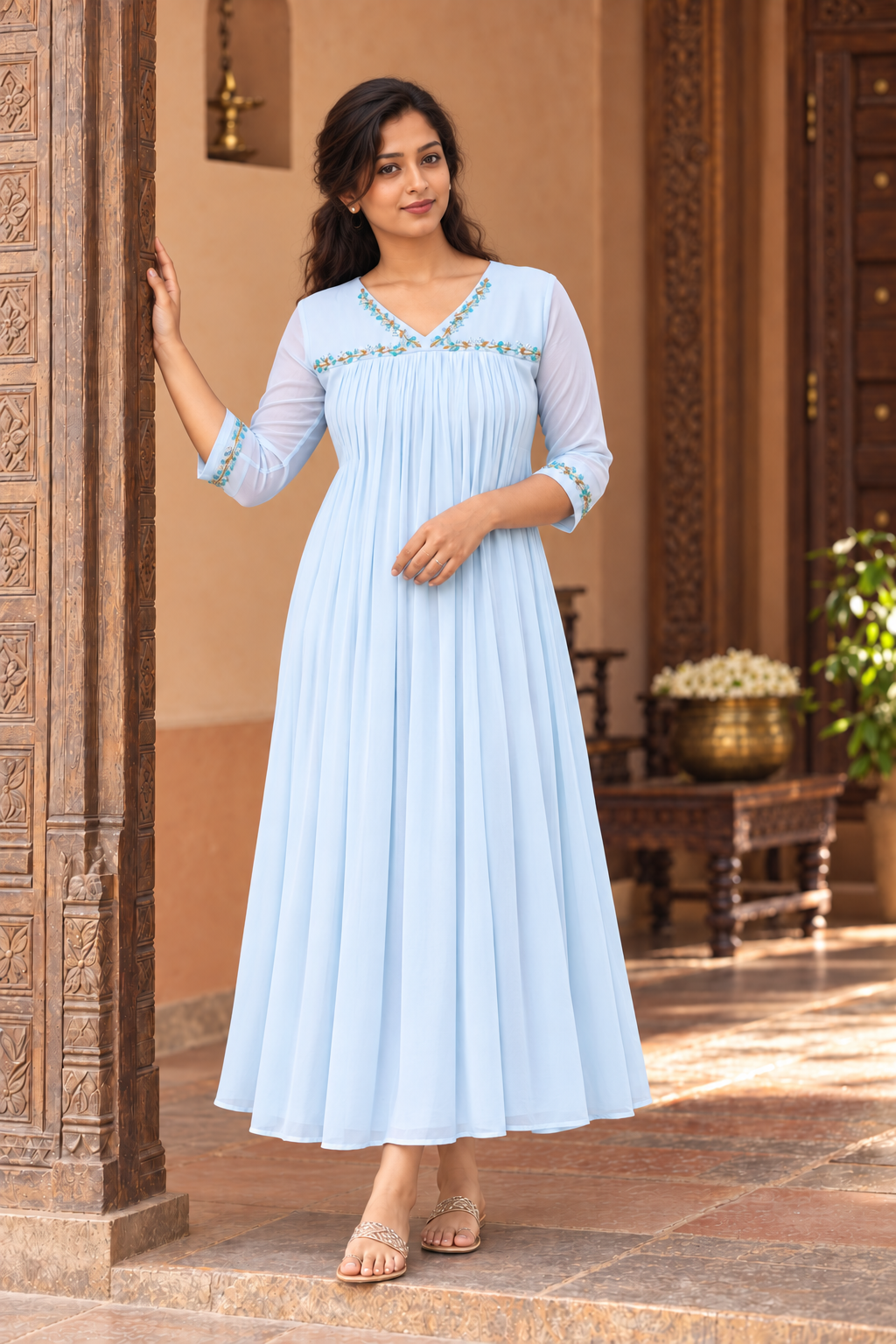 Pale blue shaded georgette Aline kurti with handworked yoke MBS-1520 **Ready to dispatch**