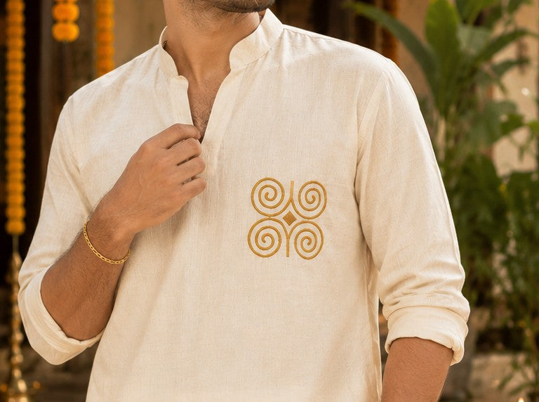 Off white flex short kurta for men with yellow thread embroidery detailings MBS-1264 "Onam 26"