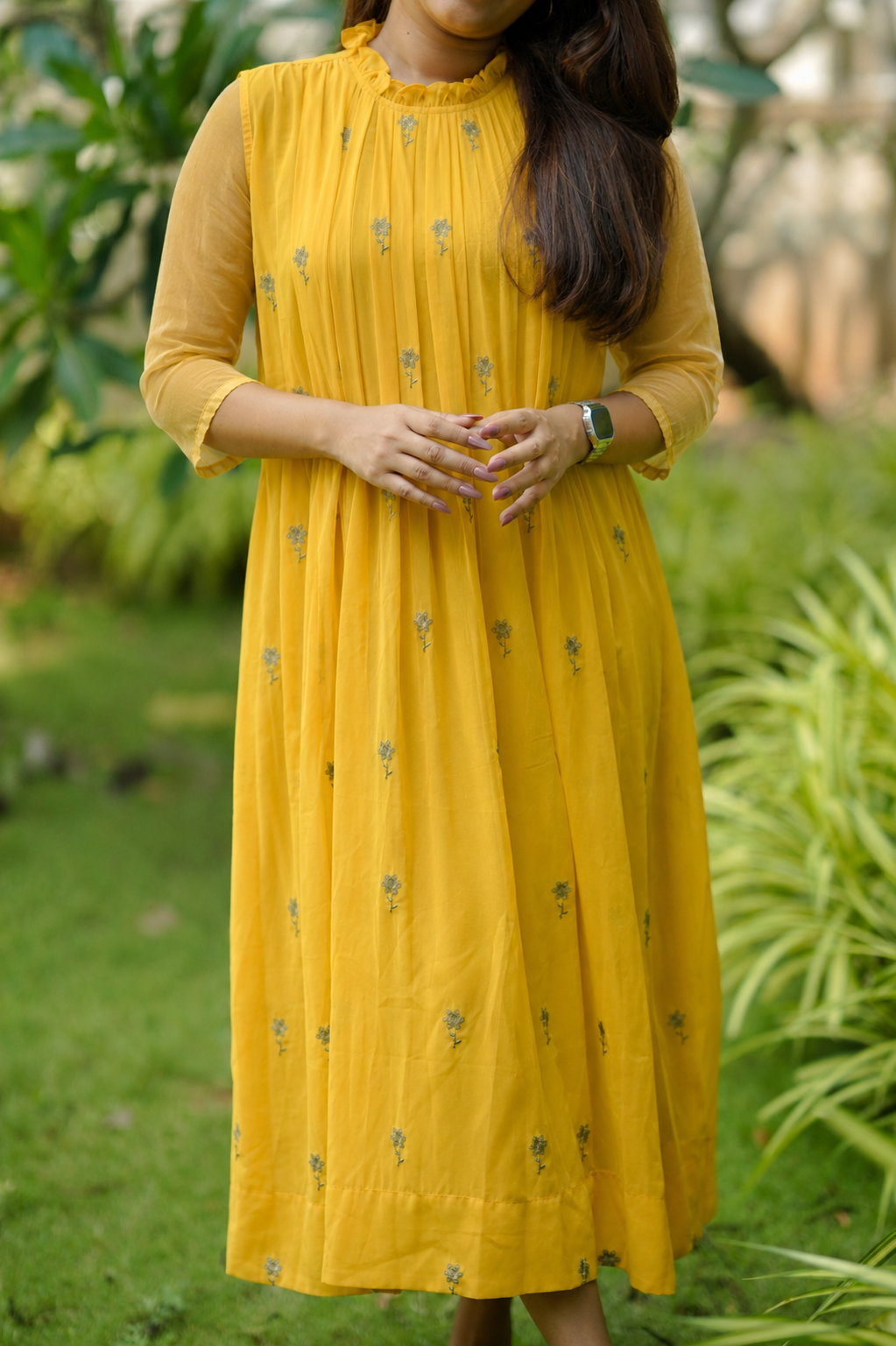 Yellow shaded georgette A-line kurti/dress with frilled neck and floral embroidery detailing MBS-1193 - Three fourth sleeves