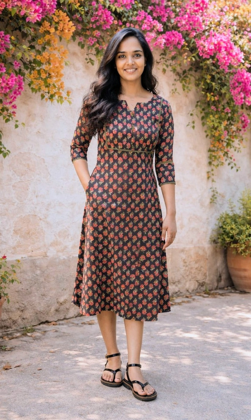 Black floral printed cotton Aline kurti with pintuck and lace detailed yoke MBS-796 **ready to dispatch**