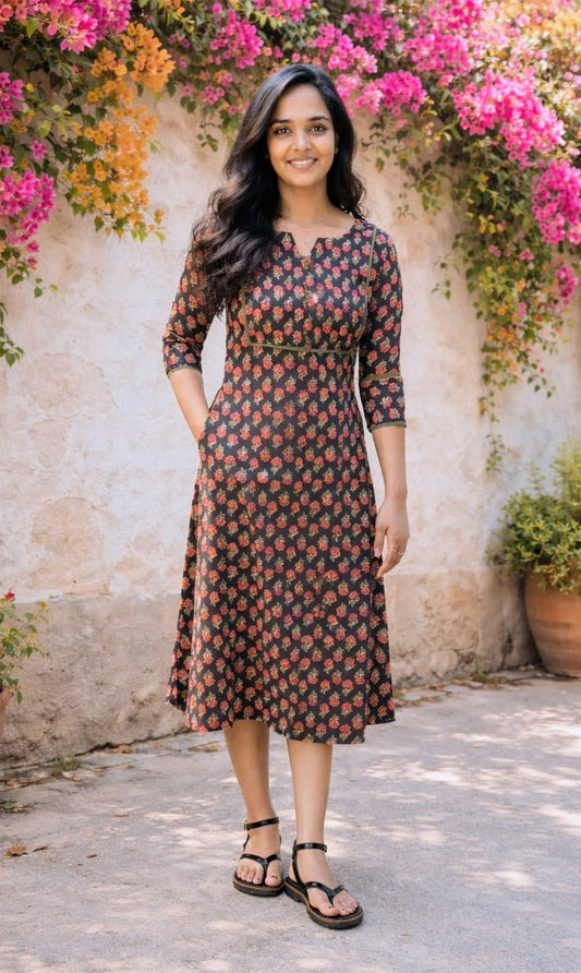 Black floral printed cotton Aline kurti with pintuck and lace detailed yoke MBS-796 **ready to dispatch**