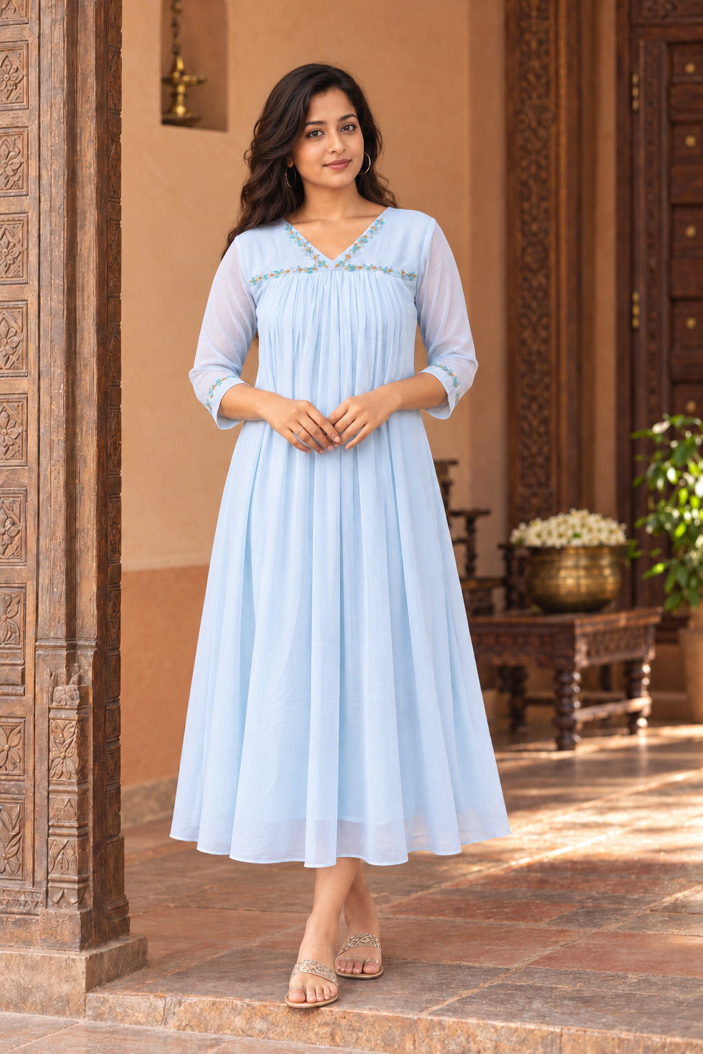 Pale blue shaded georgette Aline kurti with handworked yoke MBS-1520 **Ready to dispatch**