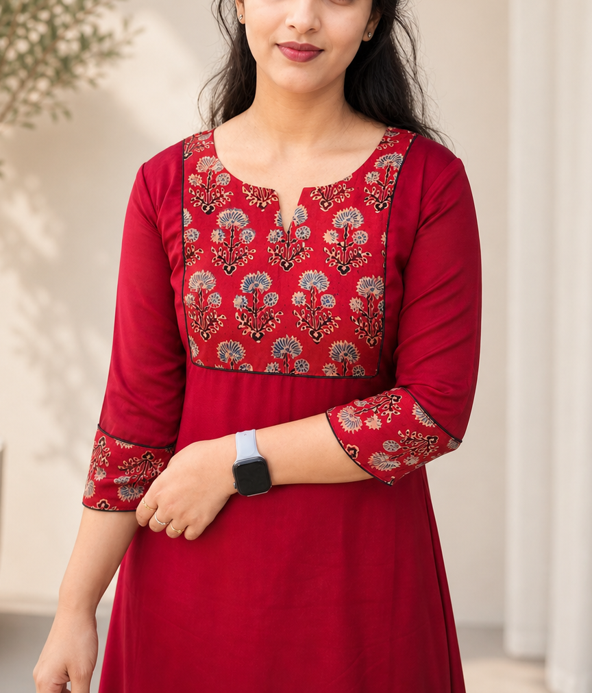 Reddish meroon silky georgette A-line kurti with printed modal silk yoke MBS-1042 **Ready to dispatch**