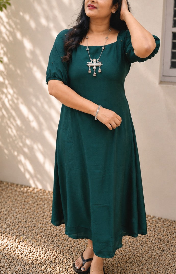 Bottle green shaded crepe silk A-line kurti/dress with handworked sleeves MBS-1190