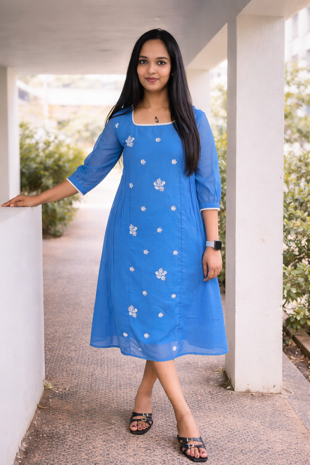 Nylon mul chanderi A-line kurti with floral embroidered middle panel and side gathers MBS-850