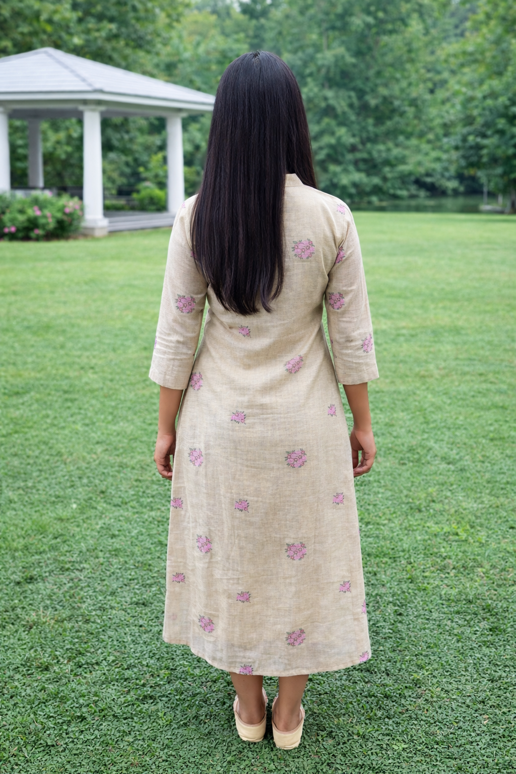 Cotton linen A-line kurti with all over floral jamdhani weaving and thread detailed pleats on yoke in beige shade MBS-846 ** Ready to dispatch**