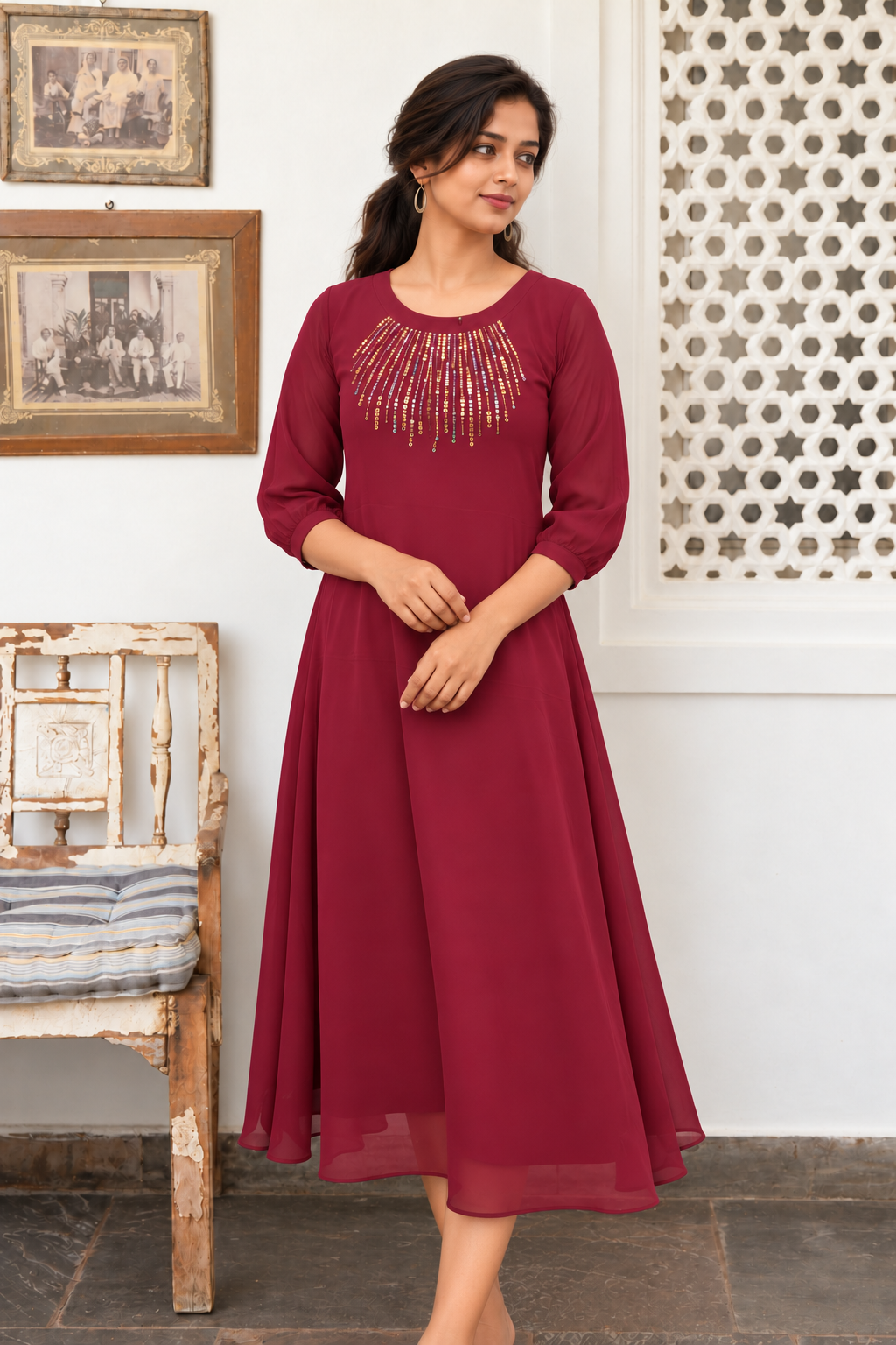 Dark brown georgette Aline kurti with hand worked yoke MBS-1489 **Ready to dispatch**