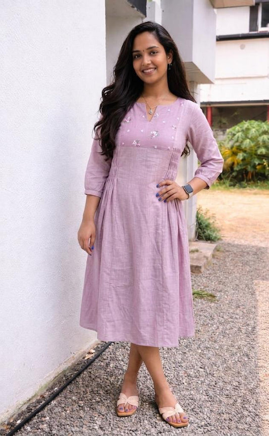 Mauve shaded slub cotton A-line kurti/dress with thread embroidered curved pleated yoke MBS-871 **Ready to dispatch**