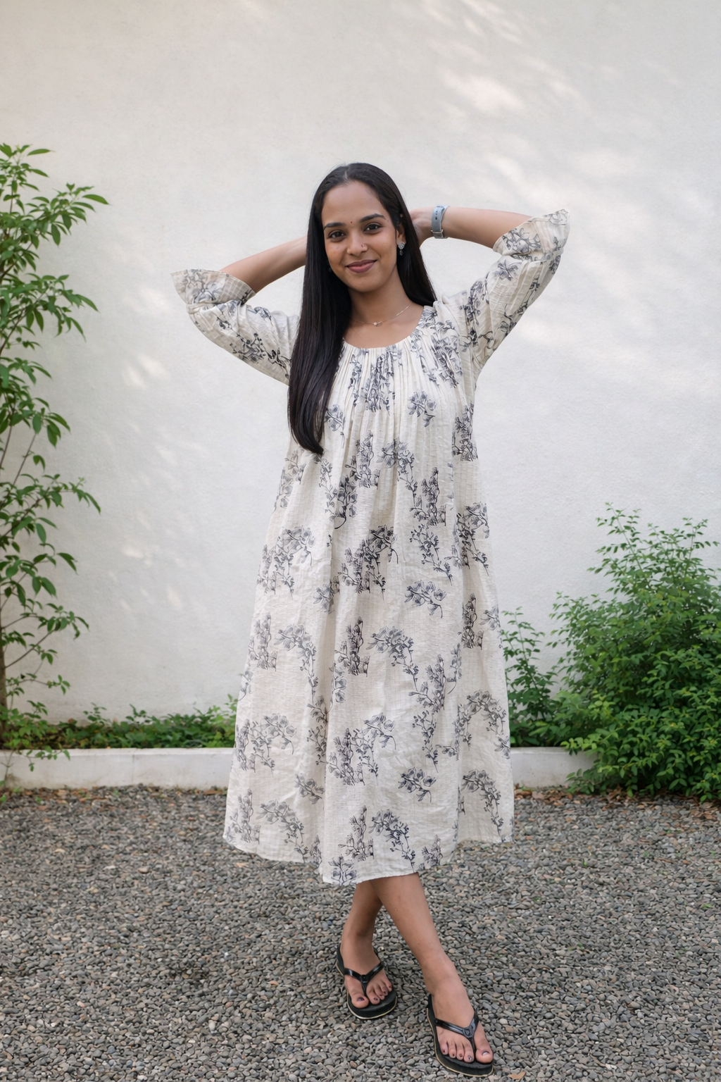 Floral Printed cambric cotton with all over sequins detailing A-line Kurti/dress in Ivory shade MBS-847
