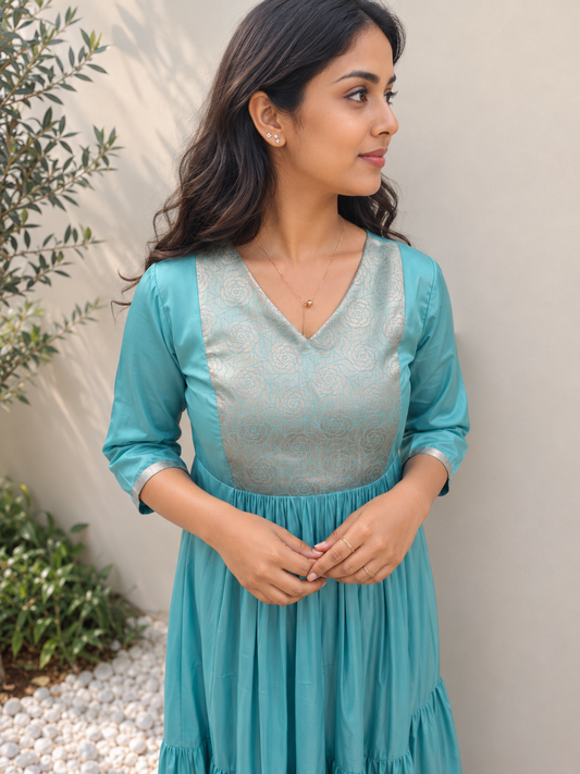 Blue semi modal silk kurti with brocade patch MBS-903 -last piece clearance sale- large size ***Ready to dispatch***