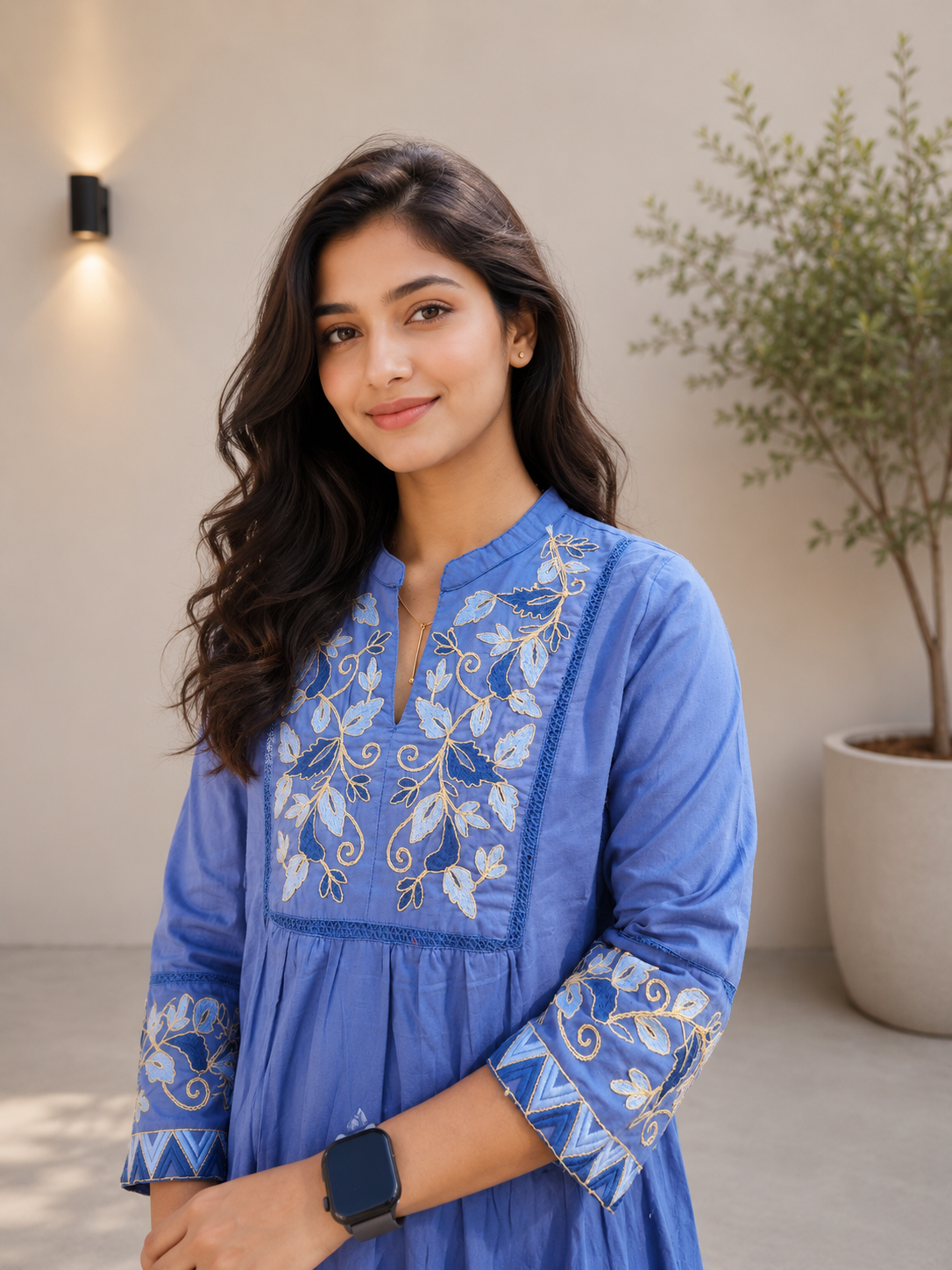 Denim blue shaded cotton Kurti with embroidered yoke MBS-885 **Ready to dispatch**