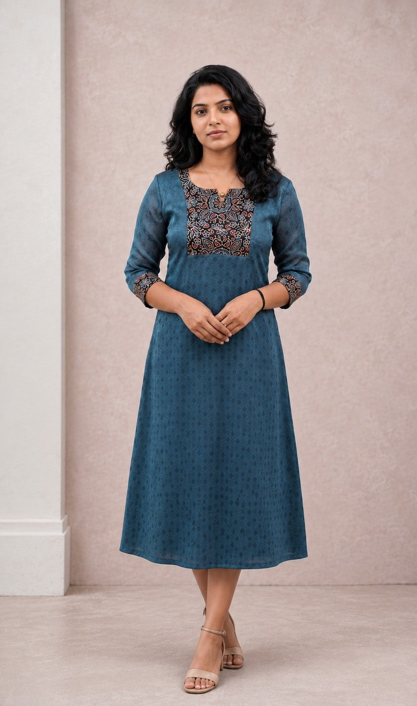 Blue self-printed georgette Aline kurti with black modal silk yoke MBS-1157 **Ready to dispatch**