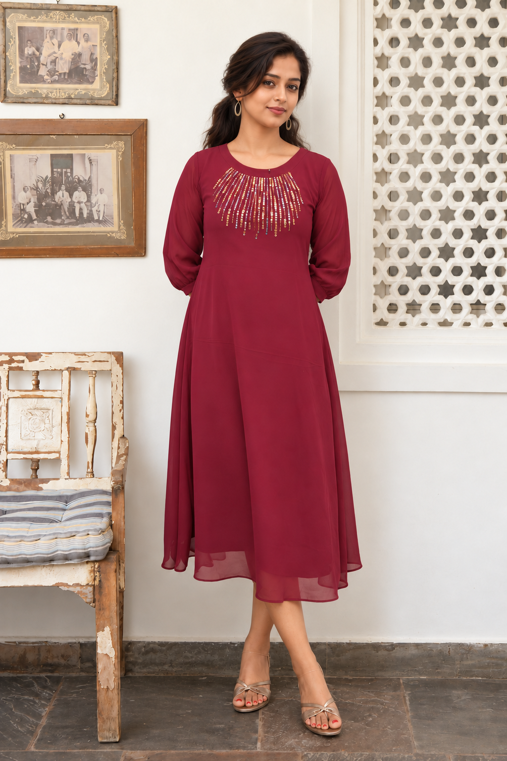 Dark brown georgette Aline kurti with hand worked yoke MBS-1489 **Ready to dispatch**
