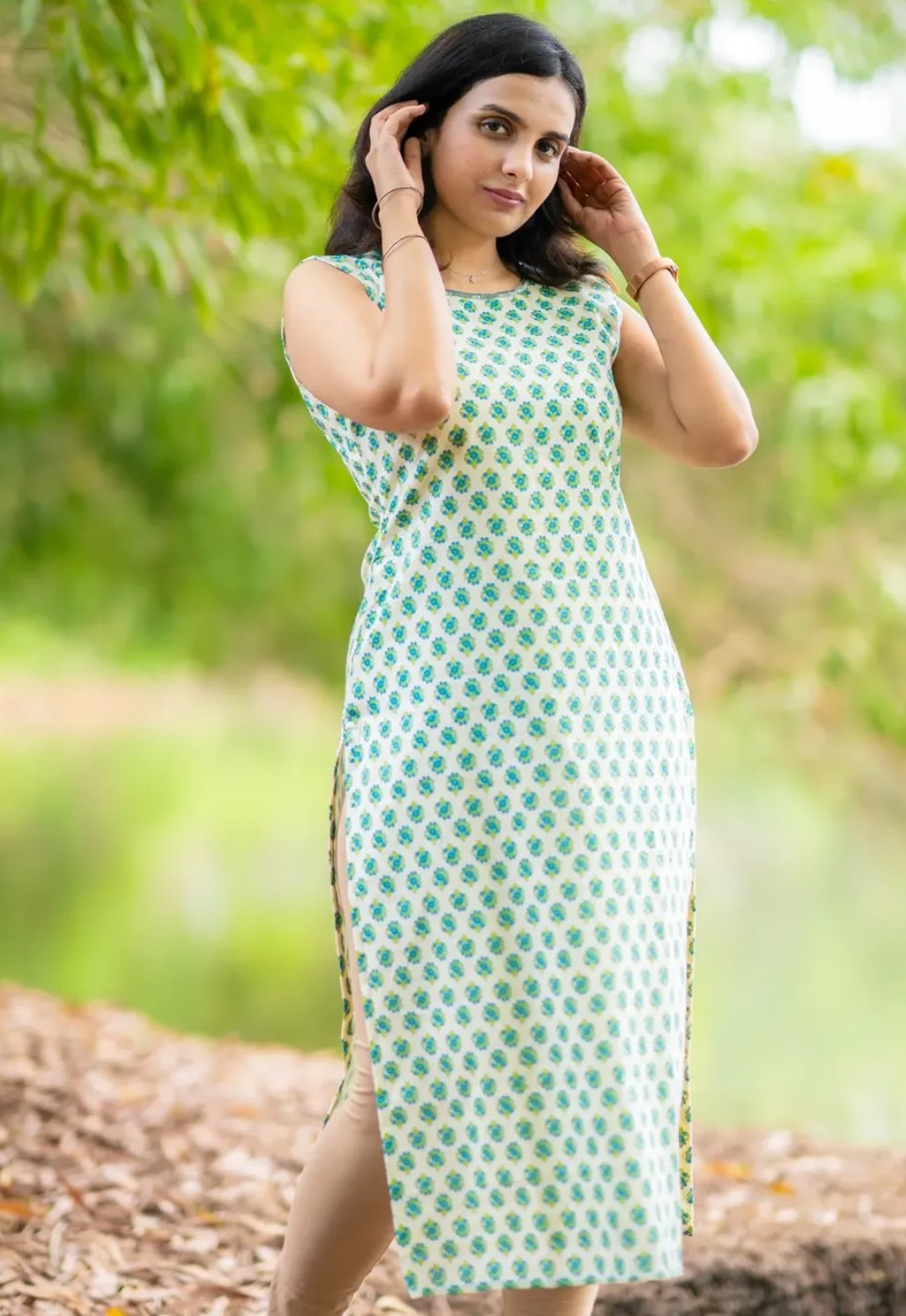 Pure cotton floral printed slitted kurti with handworked neckline MBS-930 **Ready to dispatch**