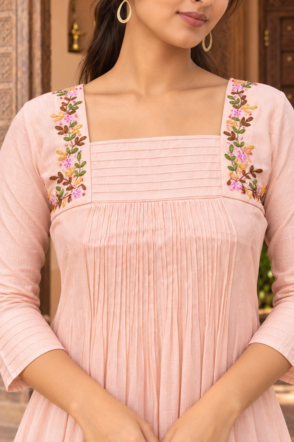 Peach blush shaded georgette organza Aline kurti with hand embroidery detailed yoke MBS-1492 **Ready to dispatch**