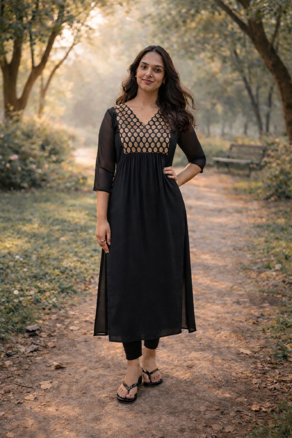 Black soft organza slitted kurti with brocade yoke MBS-800 ** ready to dispatch**