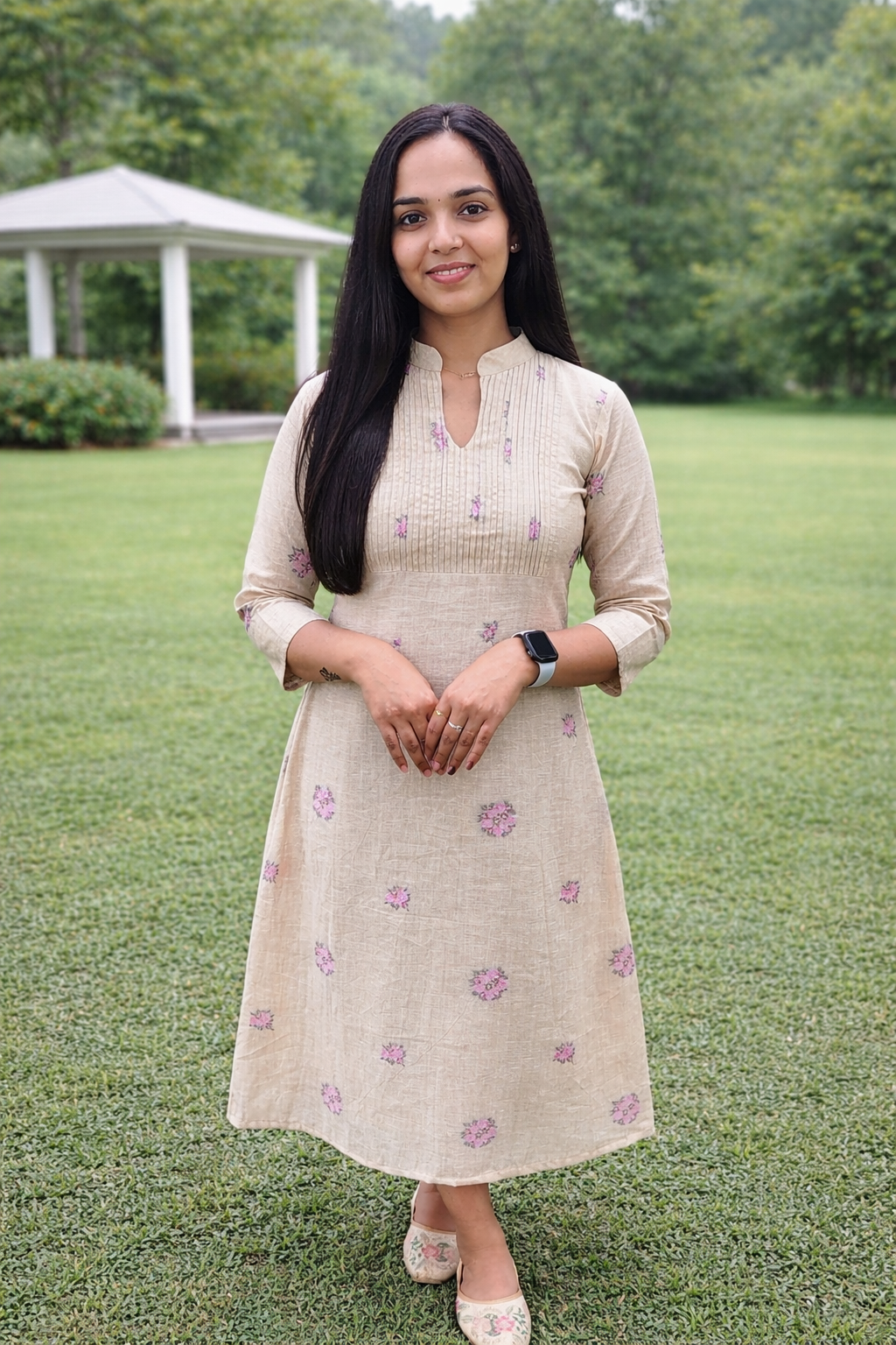 Cotton linen A-line kurti with all over floral jamdhani weaving and thread detailed pleats on yoke in beige shade MBS-846 ** Ready to dispatch**
