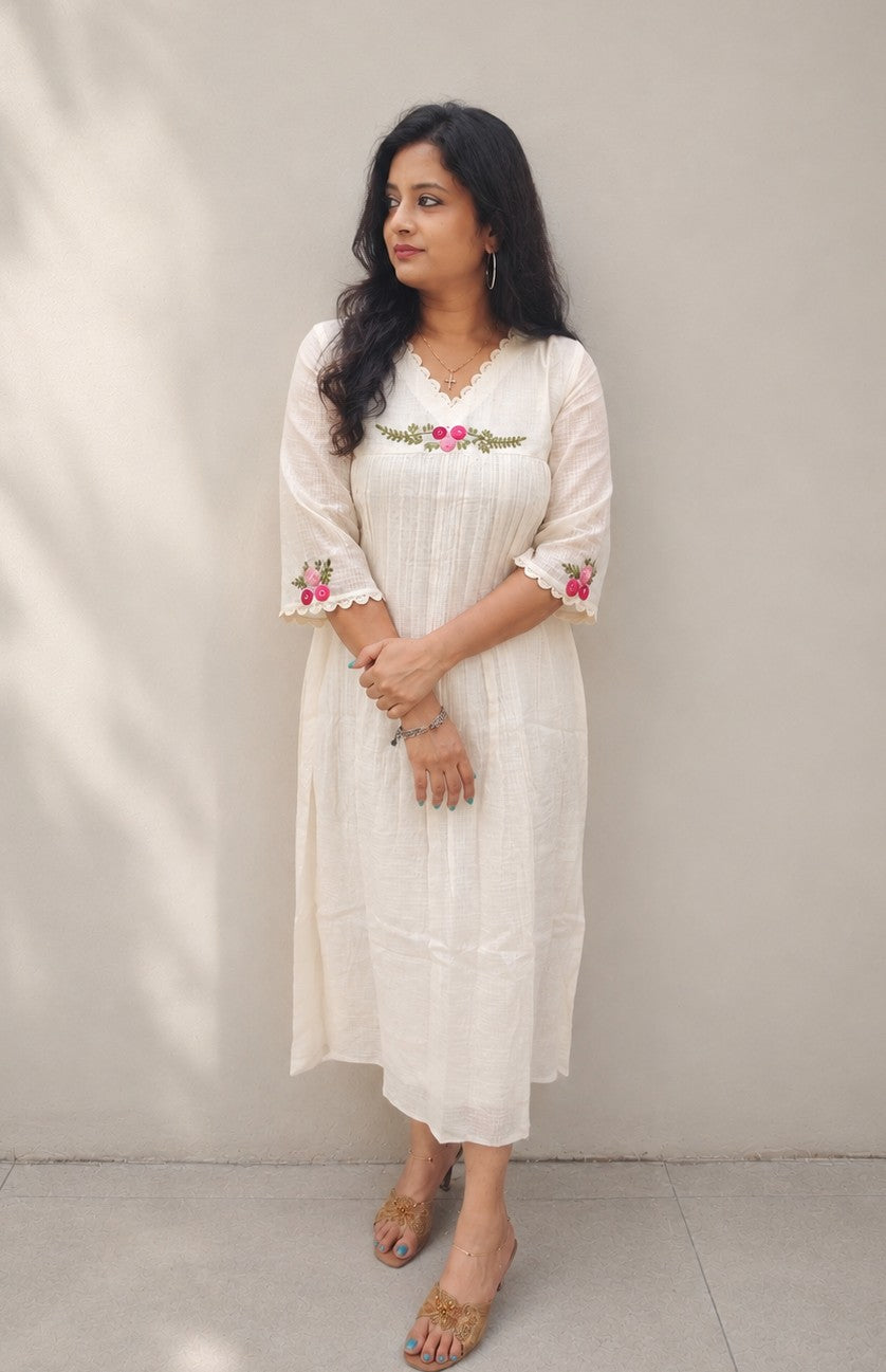 Soft Cotton Kota checks Aline kurti/dress with lace detailed neck with thread embroidered yoke and sleeves MBS-1199 **Onam 26**