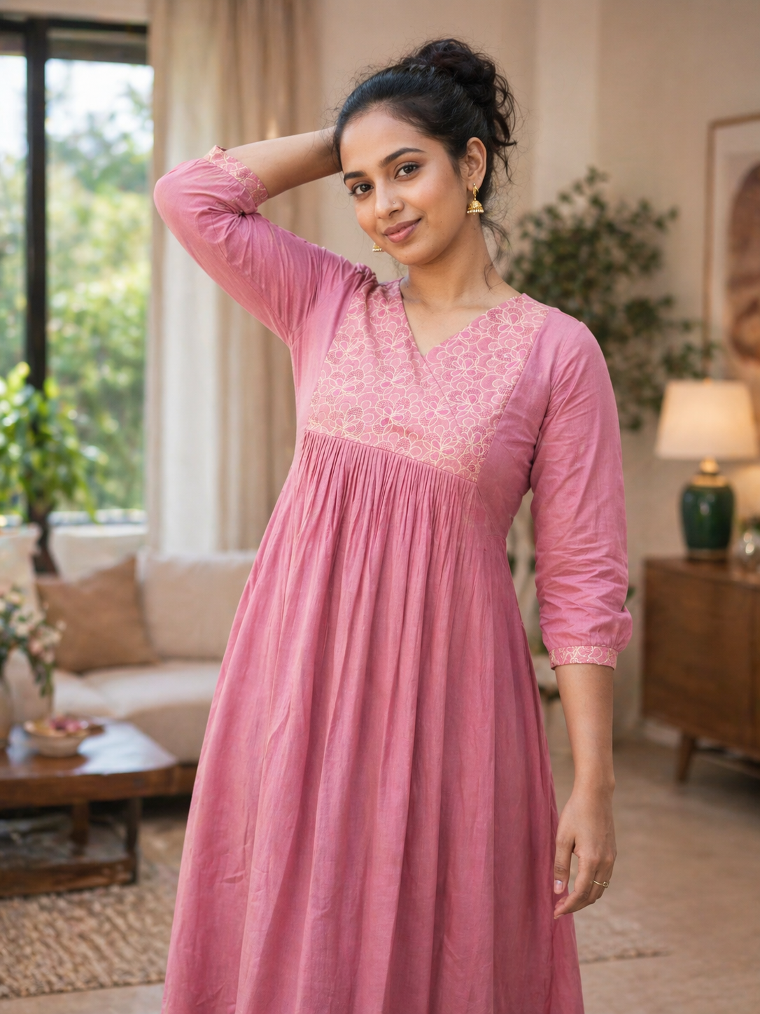 Dusty onion pink shaded mul cotton A-line kurti/dress with overlapped brocade yoke MBS-867