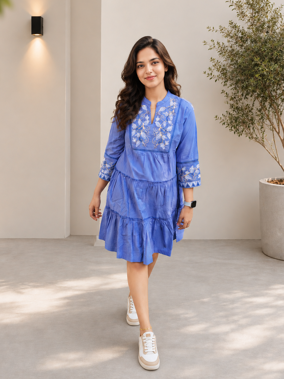 Denim blue shaded cotton Kurti with embroidered yoke MBS-885 **Ready to dispatch**