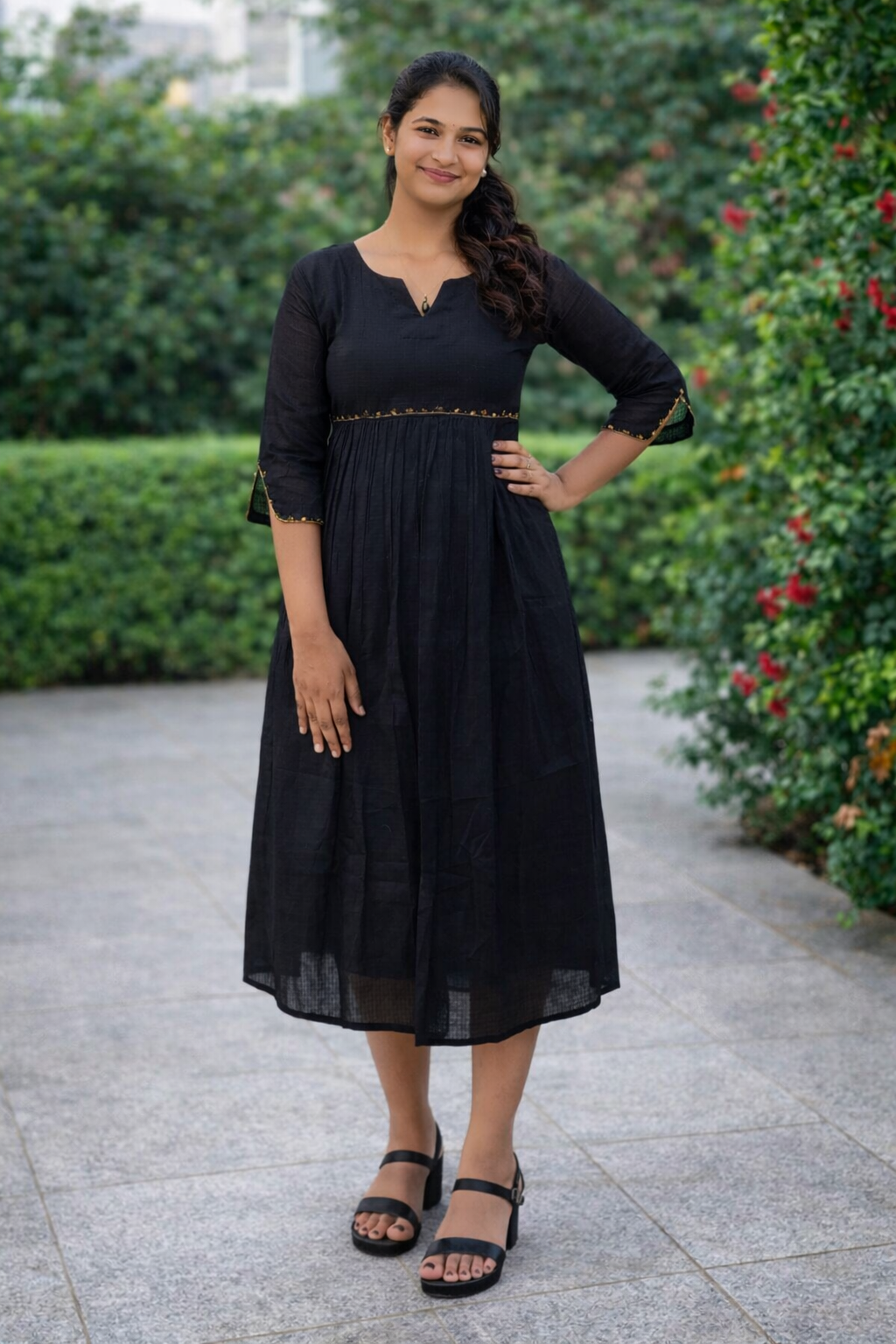 Black soft cotton kota checks kurti with handworked yoke and sleeves MBS-810