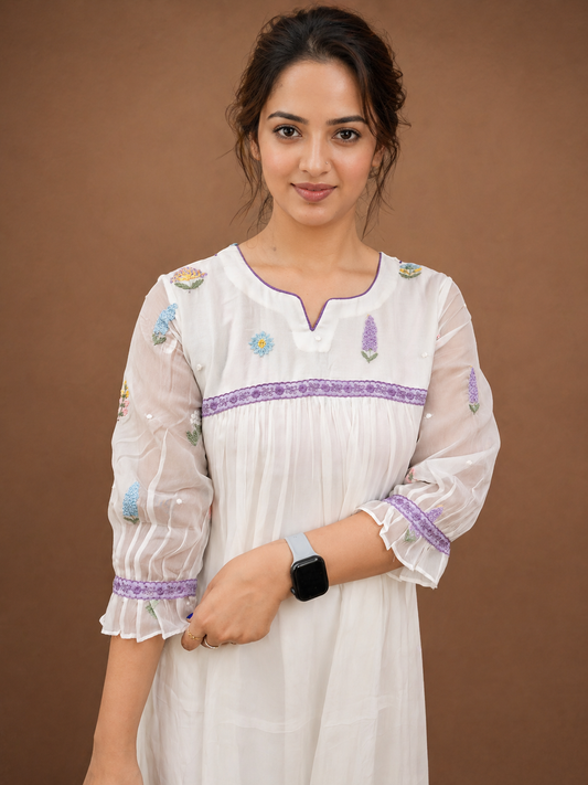 White viscose organza A-line kurti/dress with floral thread worked yoke and sleeve with santoon lining MBS-952 **Ready to dispatch**