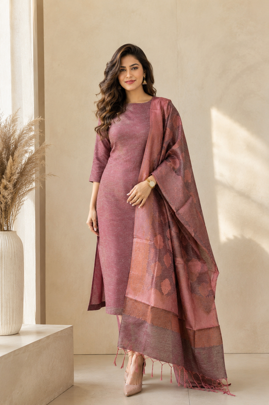 Jute mix (weaved with golden zari) cotton mix kurti in chocolate shade MBS-1230 - Three fourth sleeves **Ready to dispatch**