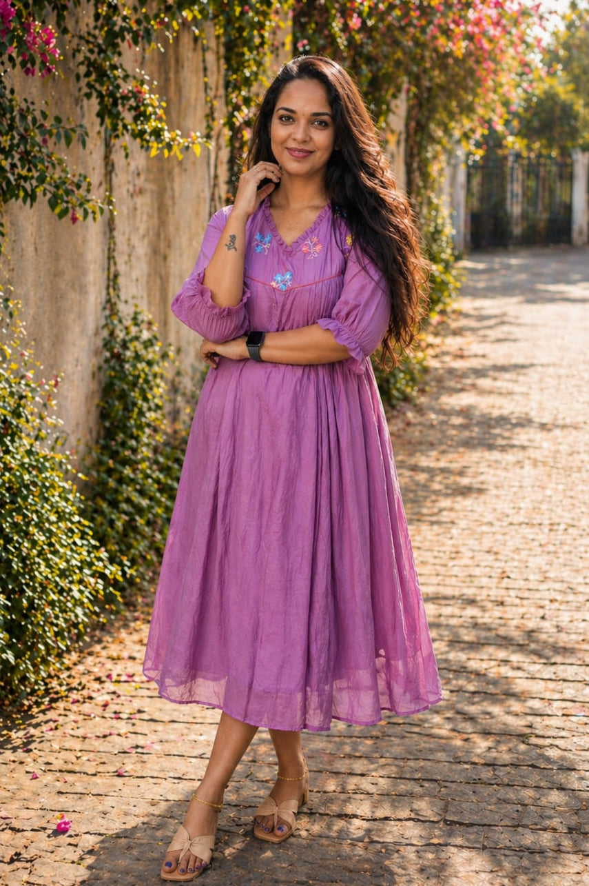 Lilac shaded chanderi Aline kurti/dress with floral thread embroidery detailed yoke MBS-878