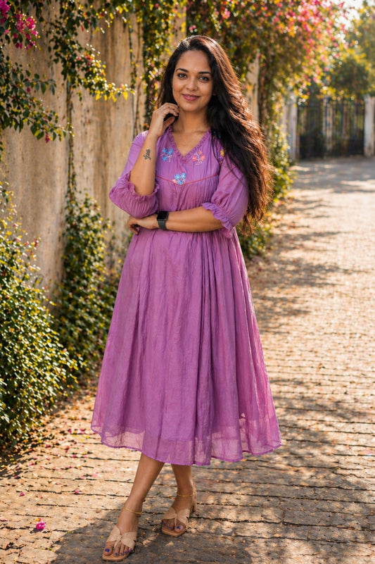 Lilac shaded chanderi Aline kurti/dress with floral thread embroidery detailed yoke MBS-878 **Ready to dispatch**