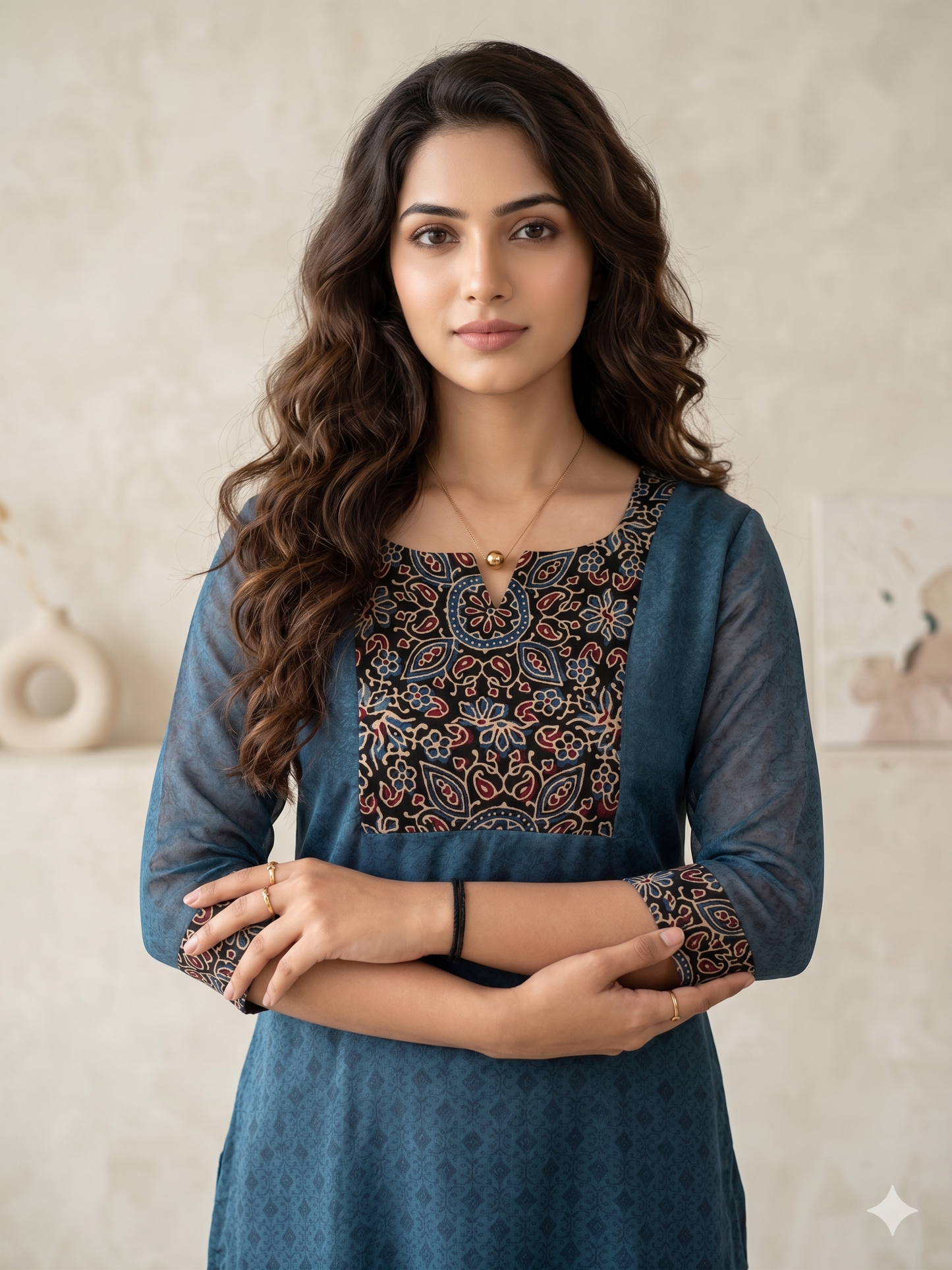 Blue self-printed georgette Aline kurti with black modal silk yoke MBS-1157 **Ready to dispatch**