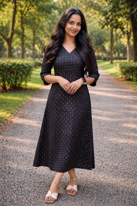 Silver lined cambric cotton A-line kurti with polka dots and overlapped yoke in black shade MBS-865 **Ready to dispatch**