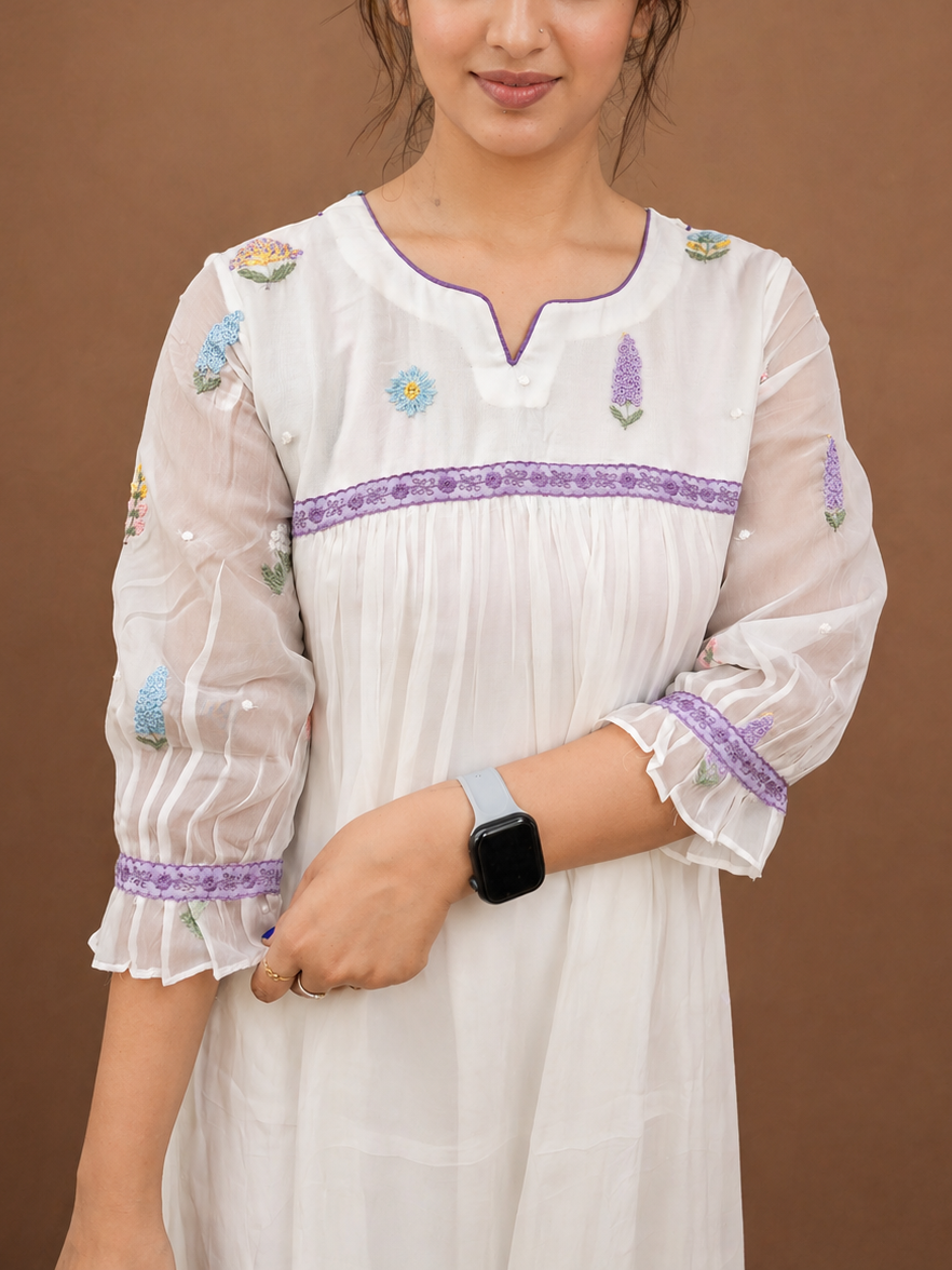 White viscose organza A-line kurti/dress with floral thread worked yoke and sleeve with santoon lining MBS-952 **Ready to dispatch**