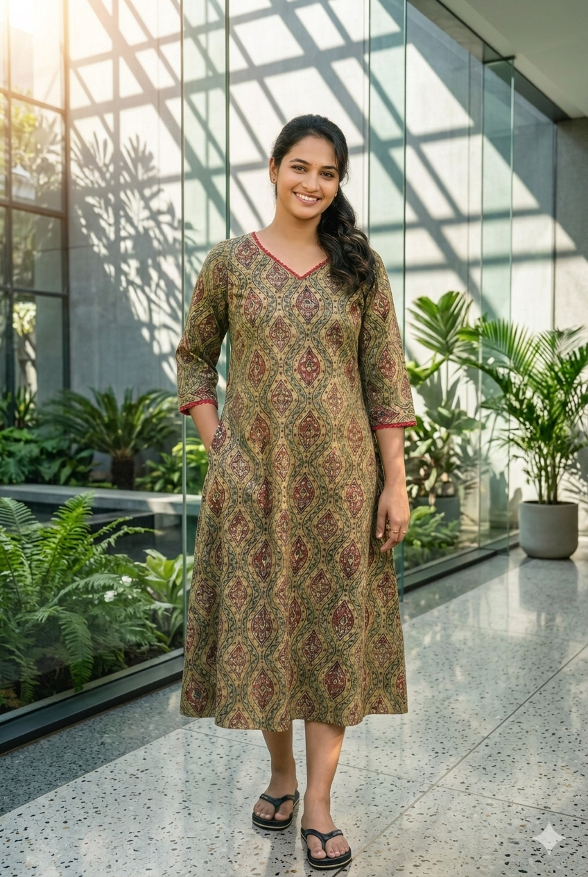 Pure bagru dabu printed cotton A-line kurti with lace detailed neck and sleeve MBS-818 ** ready to dispatch**