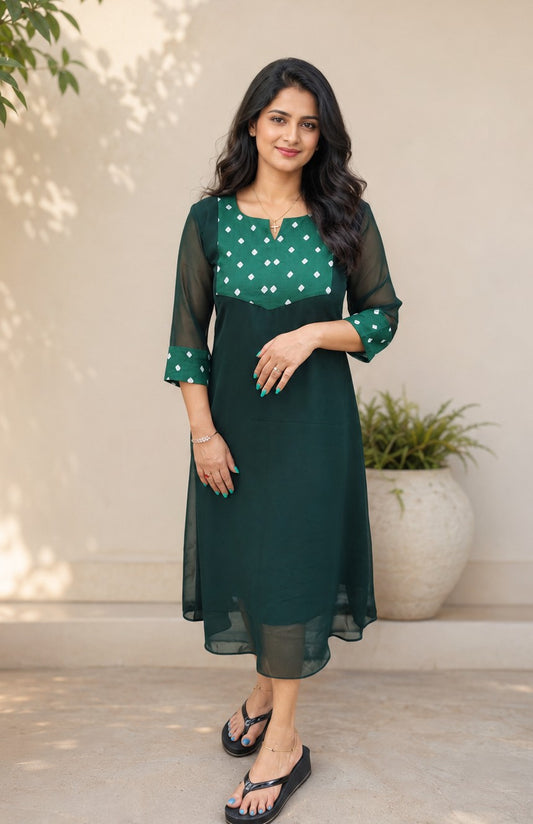 Bottle green georgette Aline kurti with shibori yoke and sleeves MBS-1174 ***Ready to dispatch***