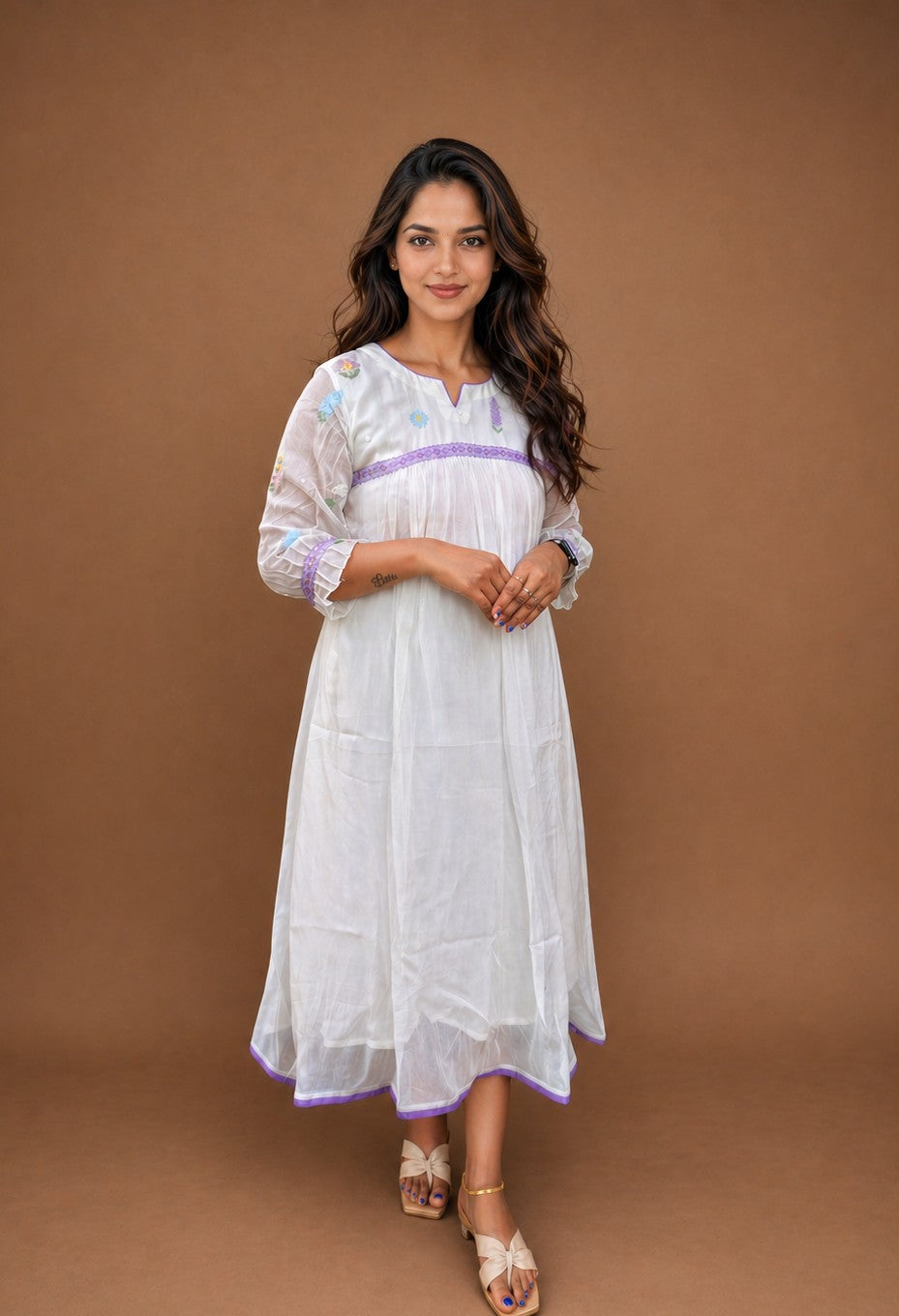 White viscose organza A-line kurti/dress with floral thread worked yoke and sleeve with santoon lining MBS-952 **Ready to dispatch**