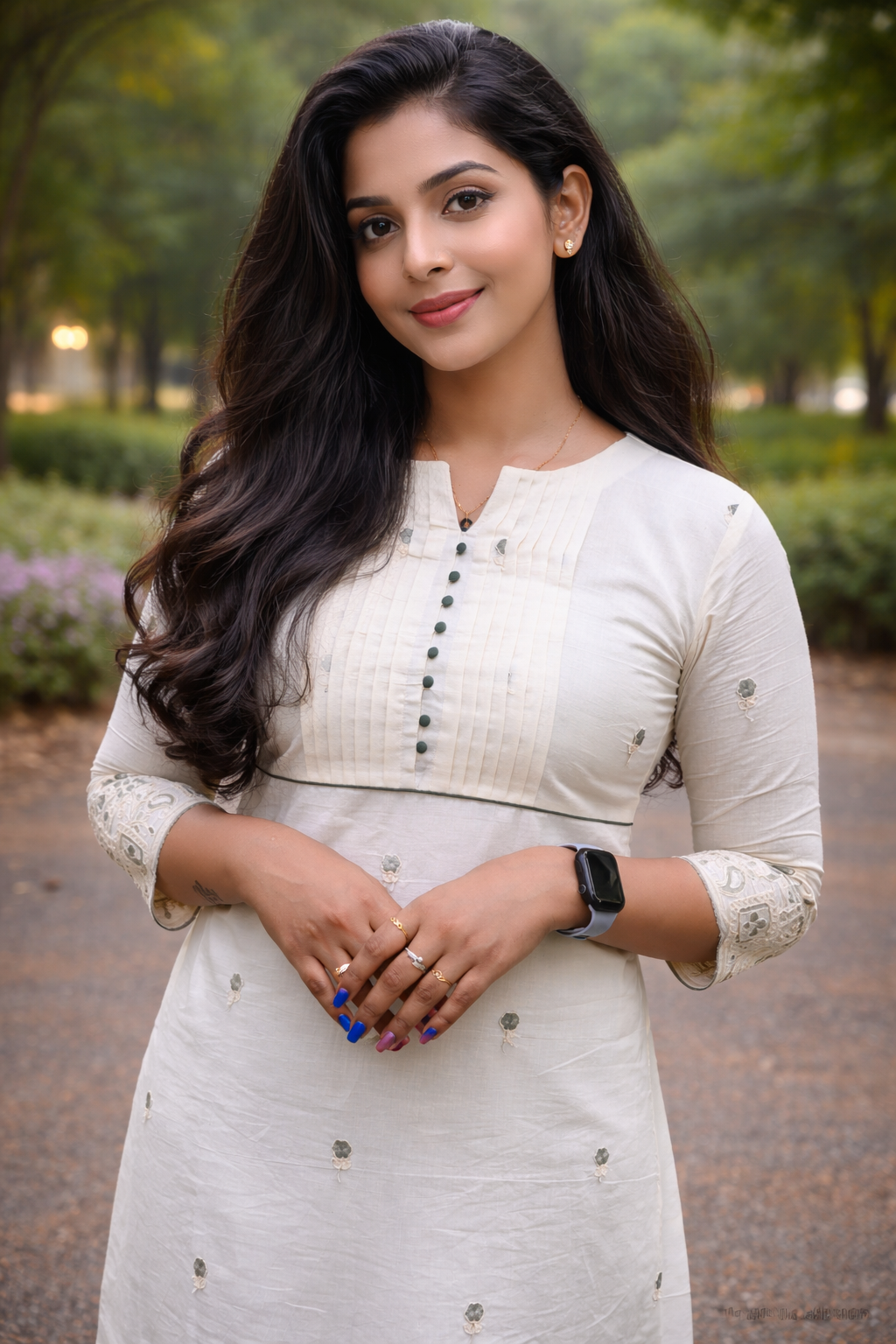 Kora cotton A-line kurti with floral thread embroidery detailings and pleated yoke MBS-864