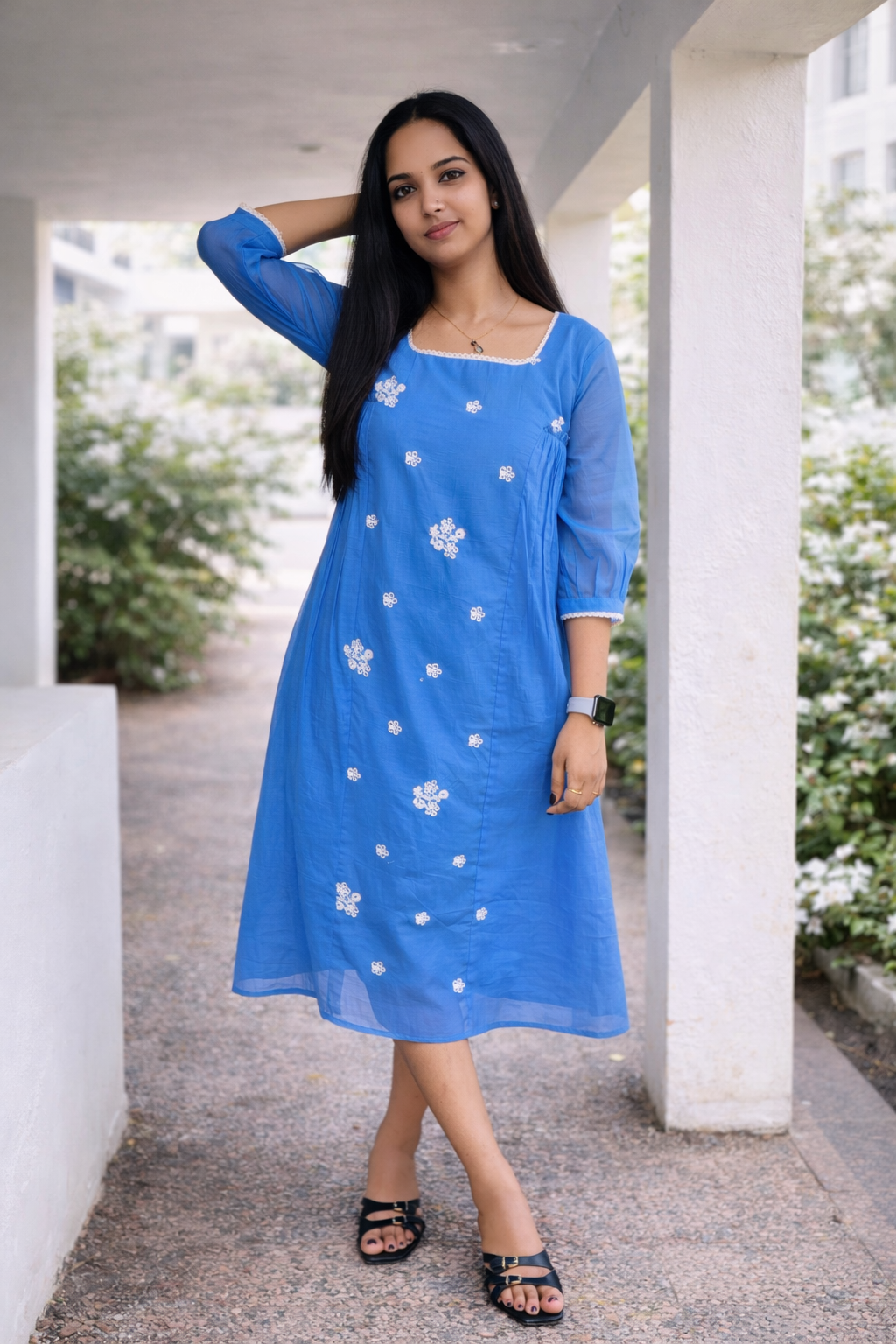 Nylon mul chanderi A-line kurti with floral embroidered middle panel and side gathers MBS-850